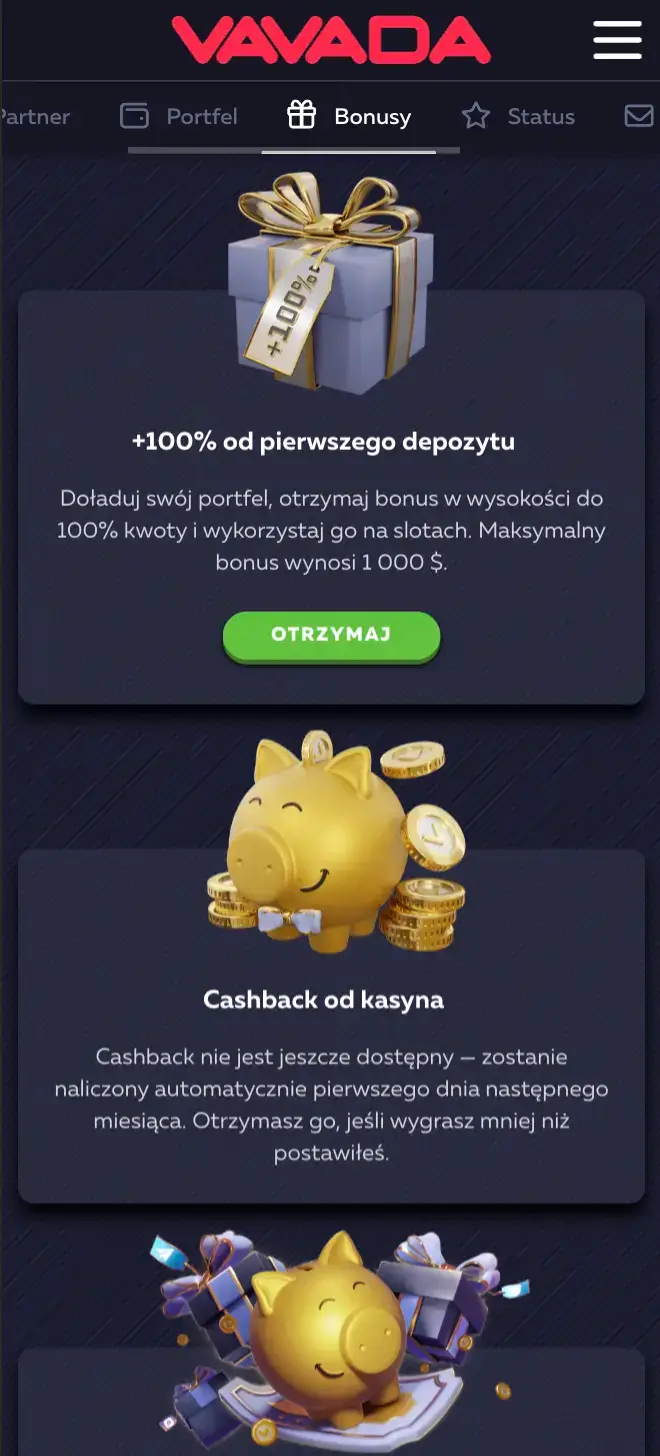 Bonus powitalny i cashback w Vavada Panel bonusów Vavada z premią za pierwszy depozyt i cashbackiem