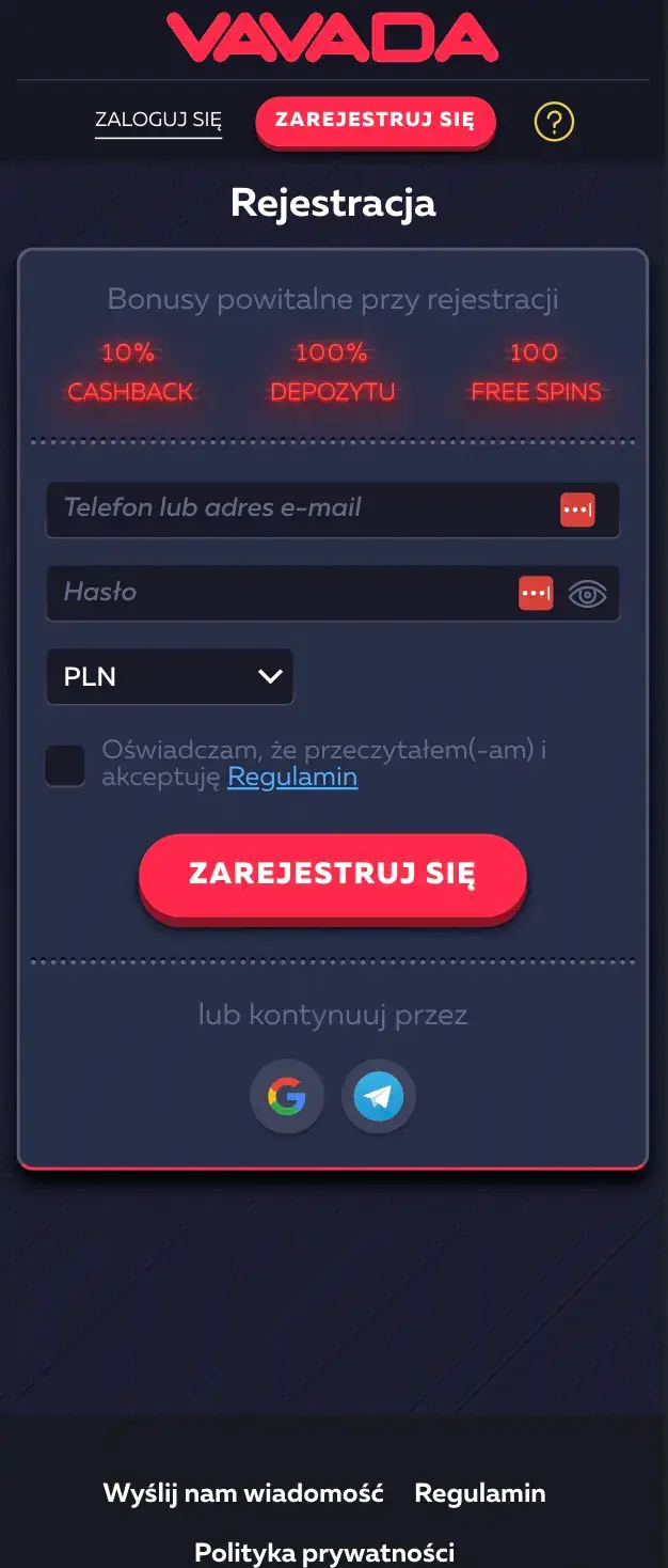 Rejestracja konta Vavada w języku polskim Formularz rejestracji w Vavada z wyborem waluty PLN